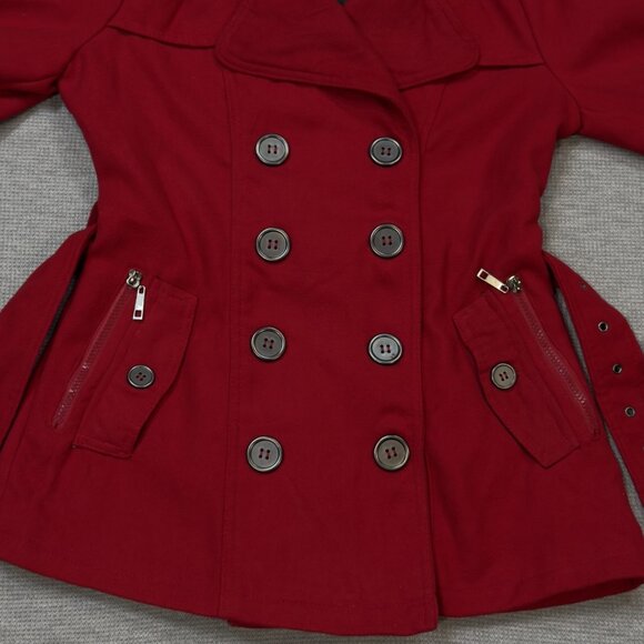 Rue 21 Womens Red Pea Coat Double Breasted Long Sleeve Belted Zip Pockets Size M - Picture 16 of 16